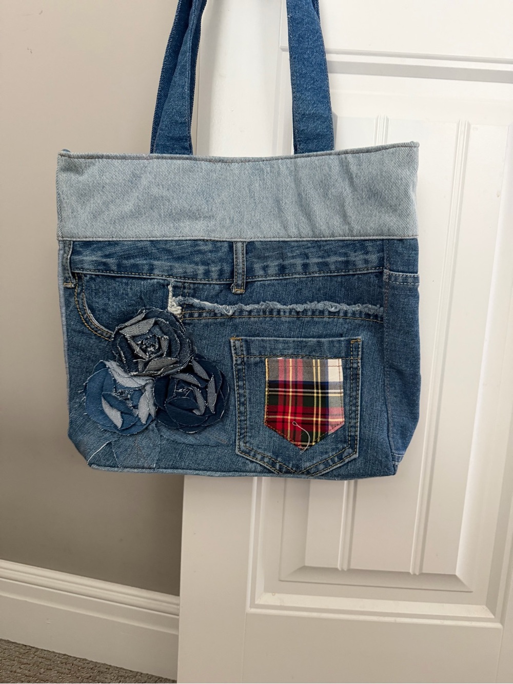 Denim Patchwork Tote Bag with Plaid Pocket